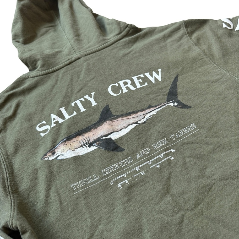 Salty Crew Shark Hoodie Olive Green Fishing Pullover Graphic Surf Streetwear S